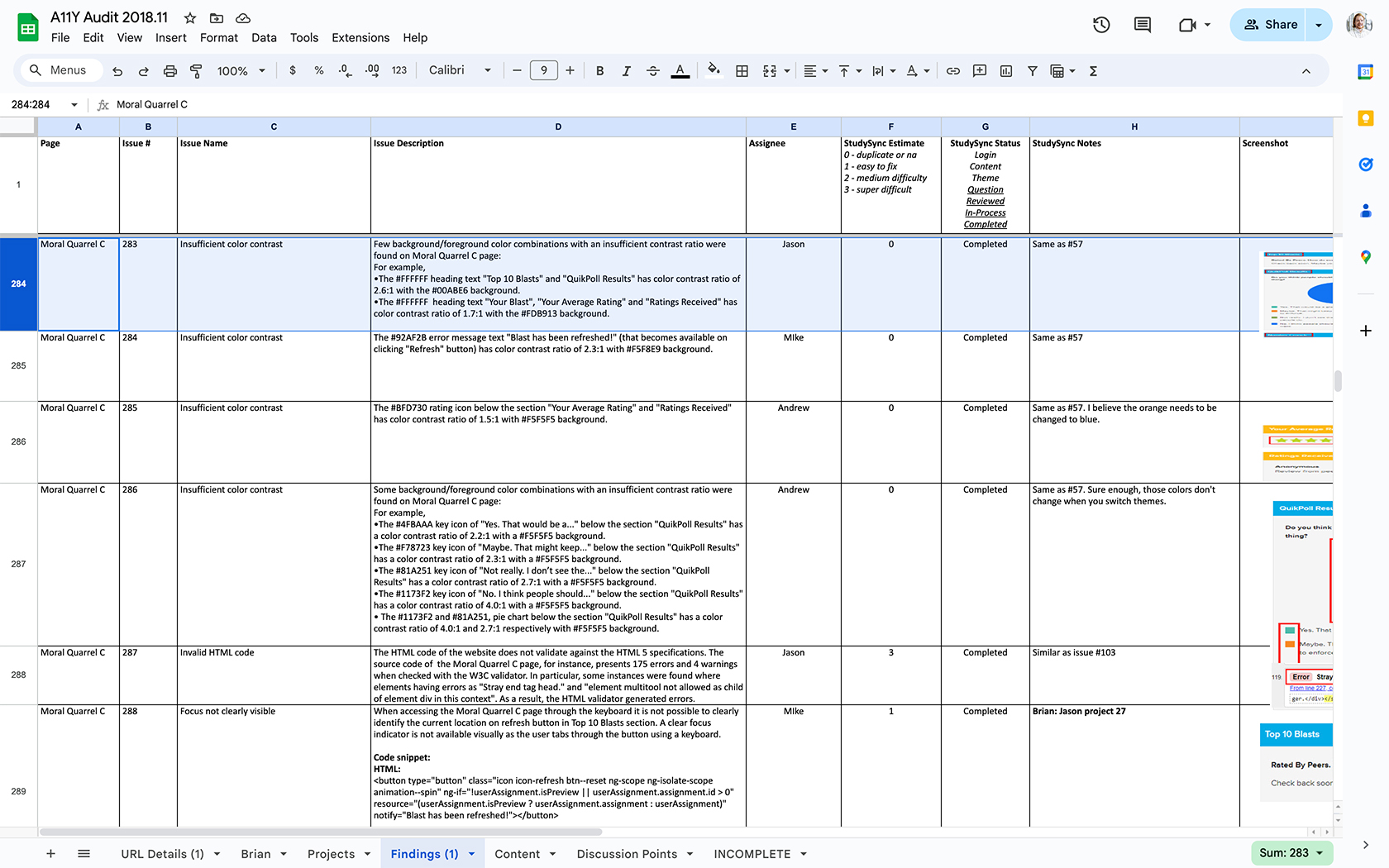 A11y Issues Spreadsheet